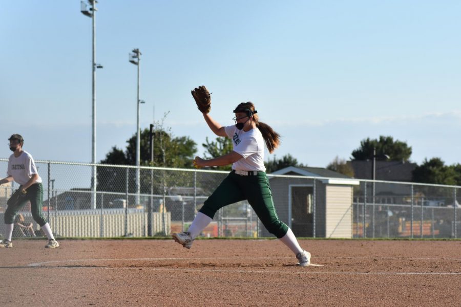 Freshman Kaitlin Hansen Pitching against Papillion Lavista.