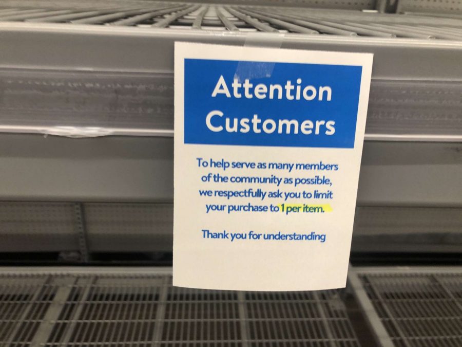 Signs have been put up at Walmart limiting sales on certain goods. The sale limit has made it easier for all customers to purchase essentials. This was done in an attempt to lessen panic shopping due to stress over COVID-19.