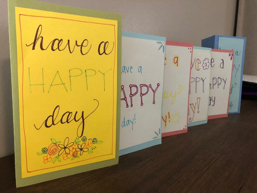 The cards shown were written to nursing homes and families by the Hydeen family. These cards were written to show that they are being thought of in this difficult time. 
