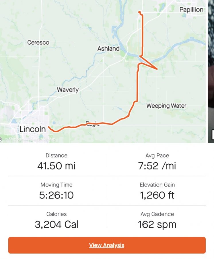 This is a screenshot of the run from a GPS tracking system. Cade Suing and Aidan Furley, cross country runners, ran from Gretna to Lincoln on May 2. They completed the journey in record time and accomplished this incredible feat in one day.