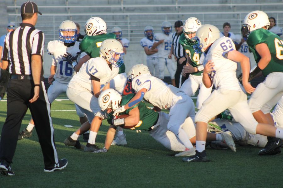 Push On: As Isaiah Weber (24) dives forward, number 66 Bennet Stock (24) looks on after giving him a block. We got some really good players, Stock said. Our line is pretty solid, I think we just came together and played really well as a team. Stock plays on the offensive and defensive line.