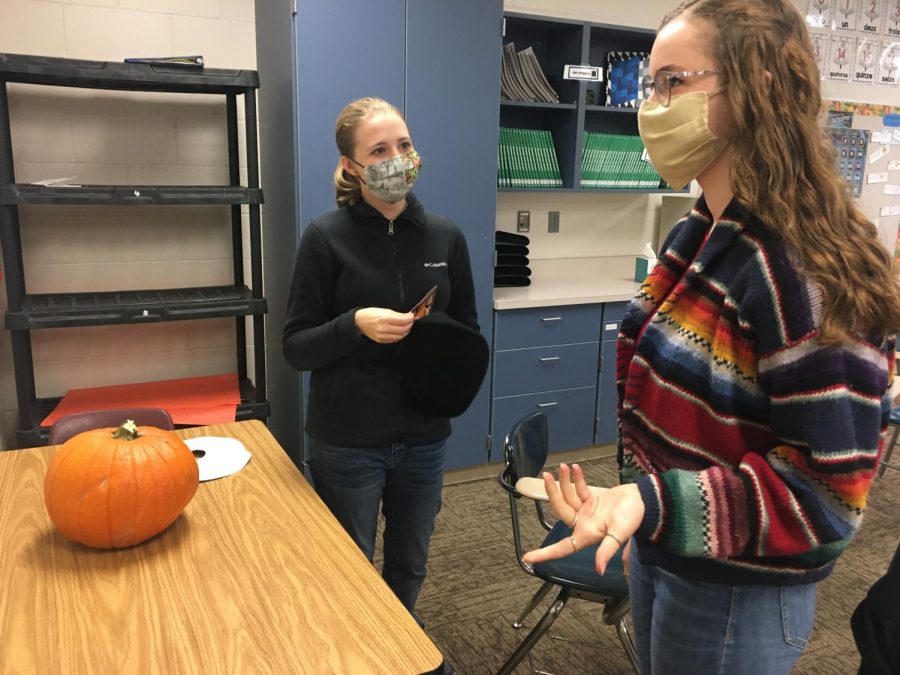Before painting their Pumpkin, Laynie Aure (22) and Grace Russell (22) discuss ideas. We painted the mime from Tangled, Russell (22) said. It seemed French. They named their pumpkin Petunia, after John Mulaneys dog.
