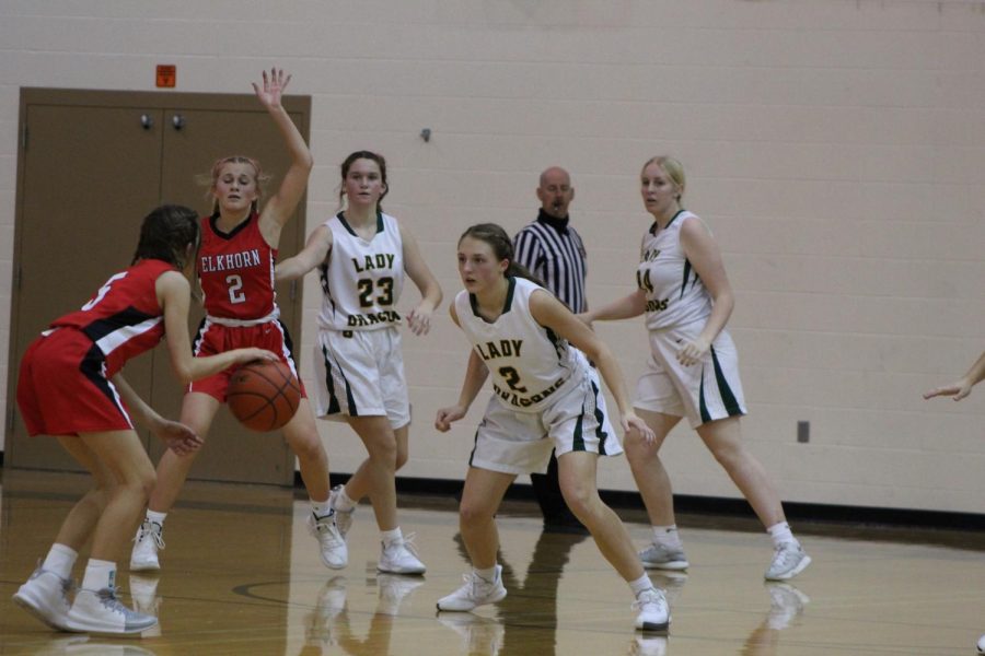 Freshman Basketball game vs. Elkhorn Erin Hildebrand (24), Ava Boyce (24), and Avery Swanson (23)