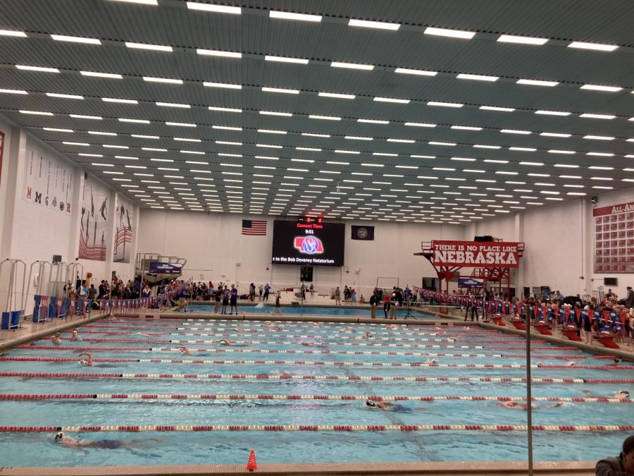 DIVE TIME.  The pool our fellow students were swimming in is at the Bob Devaney Center in Lincoln, NE. This pool was opened originally in 1976. It is 25 yards long.