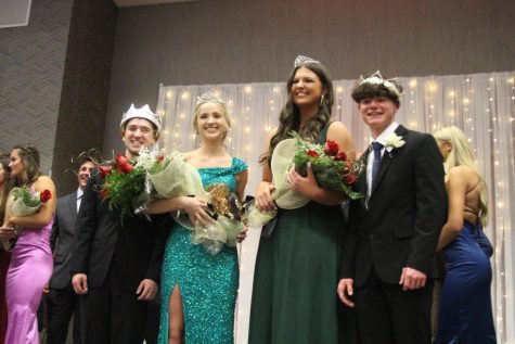 Prom candids. is a photo of the prom king, queen, princess, prince in left to right order. Tanner Maas (22), Avery Mclaughlin (22), Ethan Lockee (23), Mia Bowling (23).
