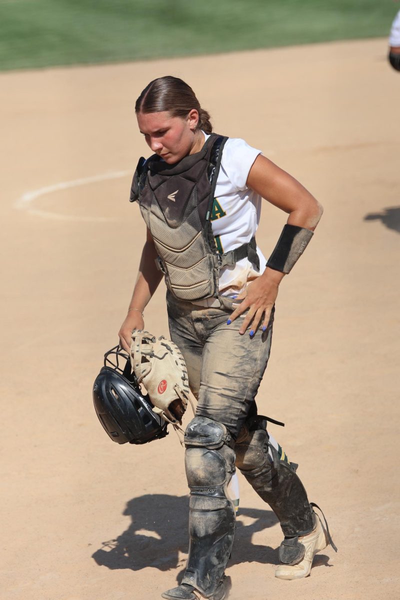 Senior Brylee Rupiper prepares to play catcher. 
