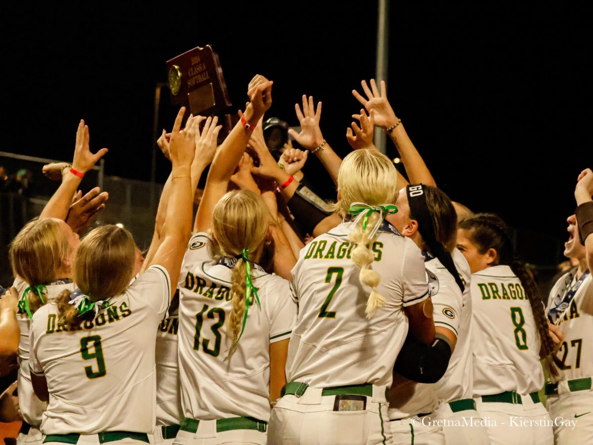 The 2024 Gretna Softball team celebrates their win at the Class A State championship.