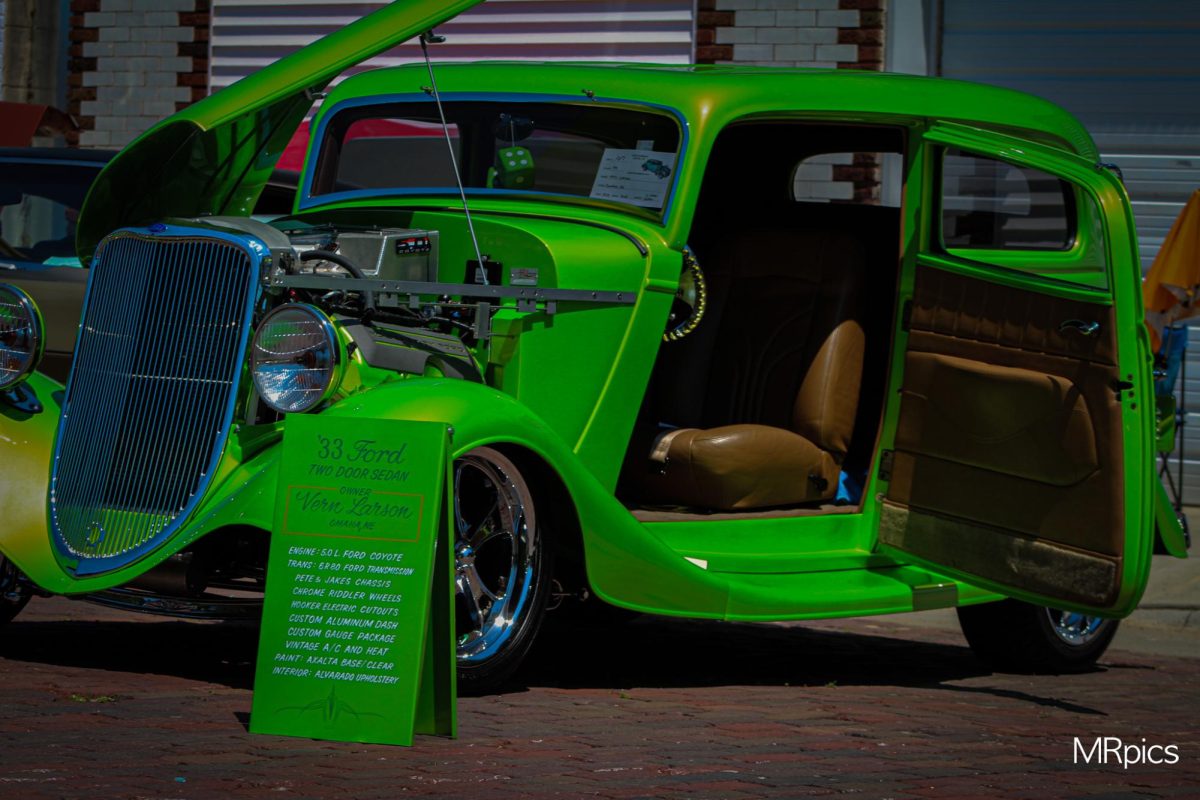A green 1933 Ford parked and on display at the Gretna Days Car Show. The car is owned by Vern Larson.