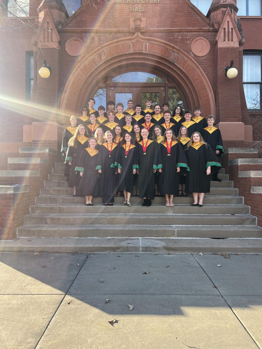Thirty-two students from the Gretna High choir took a group photo before their performance at the Lied Center in Lincoln. More than 400 students from across the state to part. Photo courtesy of Katelyn Wallace.