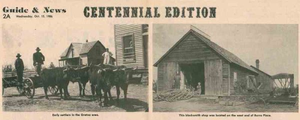 A newspaper clipping from the 1986 Gretna Guide and News shows the stark contrast of the village in 1886. At this time, Gretna was located a few miles south and was still called Melia City.