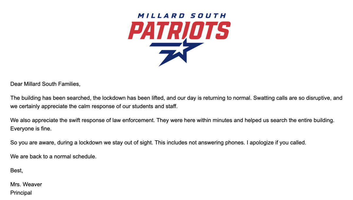 Emails were sent to parents and guardians during and after the end of the Millard South lockdown on Feb. 4. The school principal, Heidi Weaver, provided the information. 