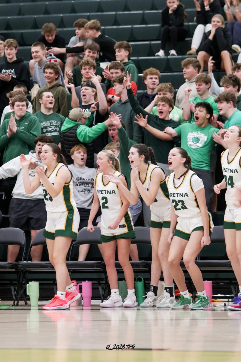 The Gretna bench erupts after the Dragons hit a three pointer to extend their lead over Seward.