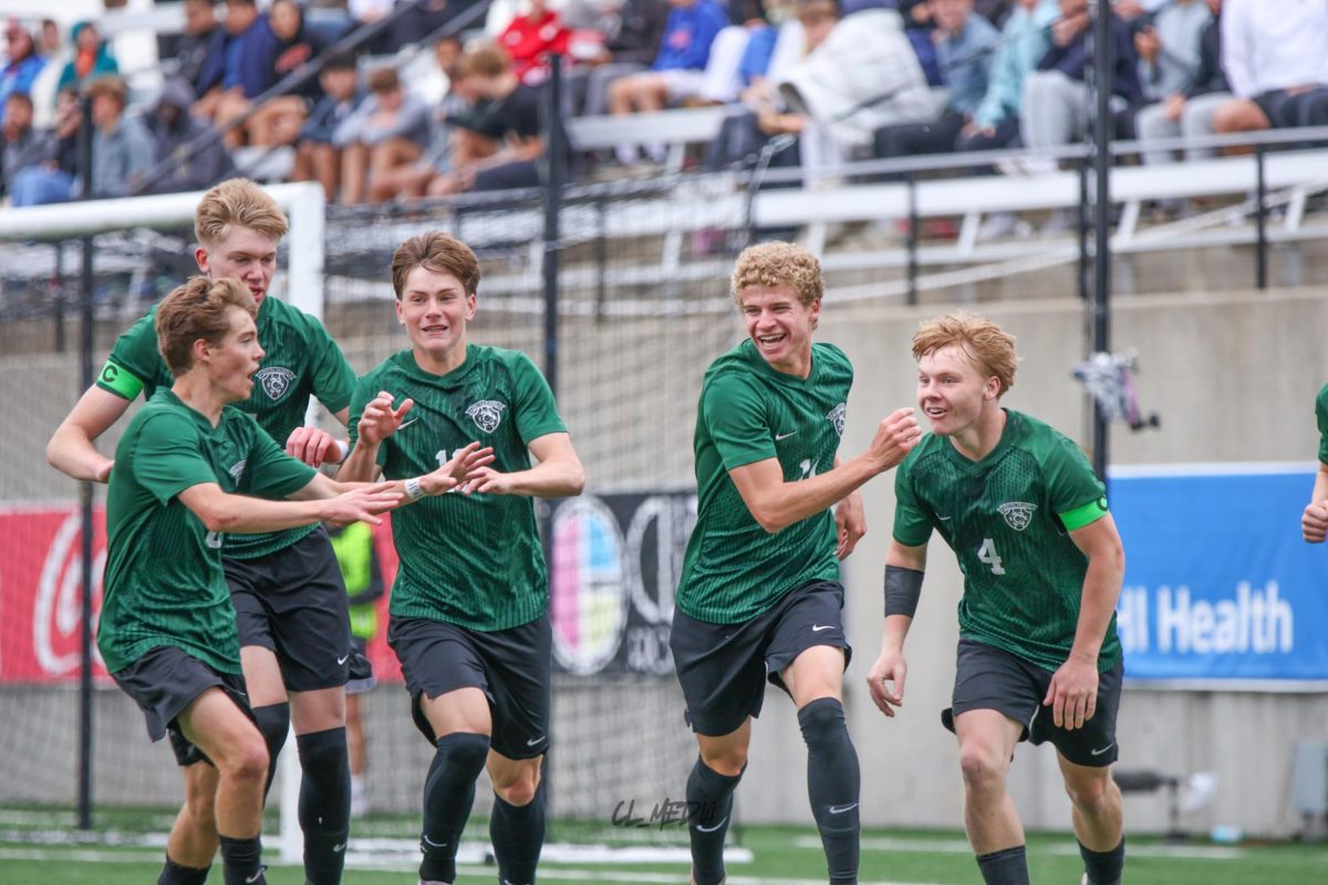 Juniors Noah Jones, Alex Sowinski, freshman Nate Thielen, and seniors Sawyer Hehn and Evan Lafferty celebrate after goal. Hehn scored it in the second half during the Class B Championship.
